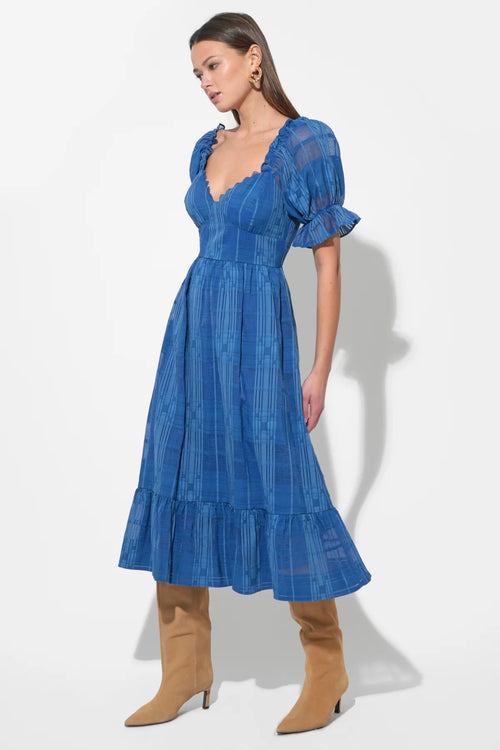 BETSEY PUFF SLEEVE JAQUARD STRIPED MAXI DRESS DENIM BLUE