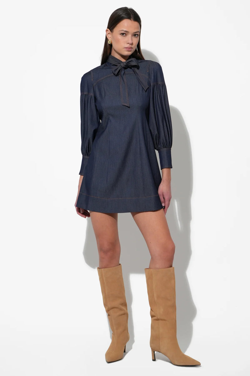 LILITH DENIM HIGH NECK MINI DRESS DENIM BLUE