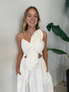 KNOTTED FLOWER BOW MIDI DRESS IVORY