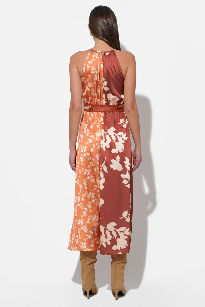 SANDI TWO TONED HALTER MIDI DRESS MARIGOLD/ BROWN
