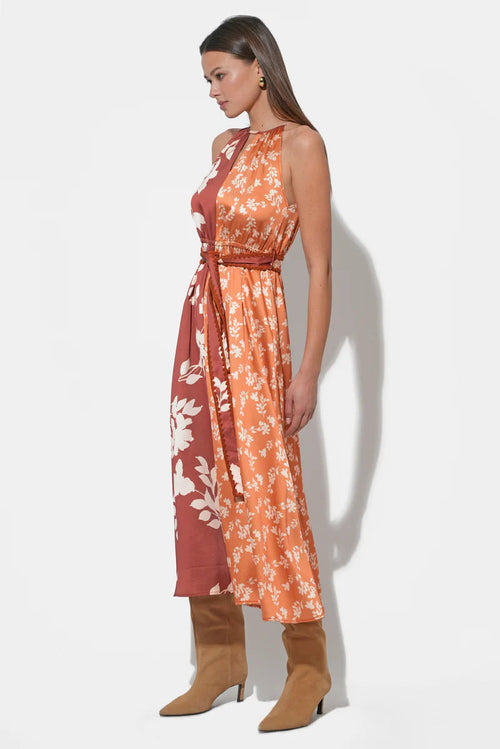 SANDI TWO TONED HALTER MIDI DRESS MARIGOLD/ BROWN