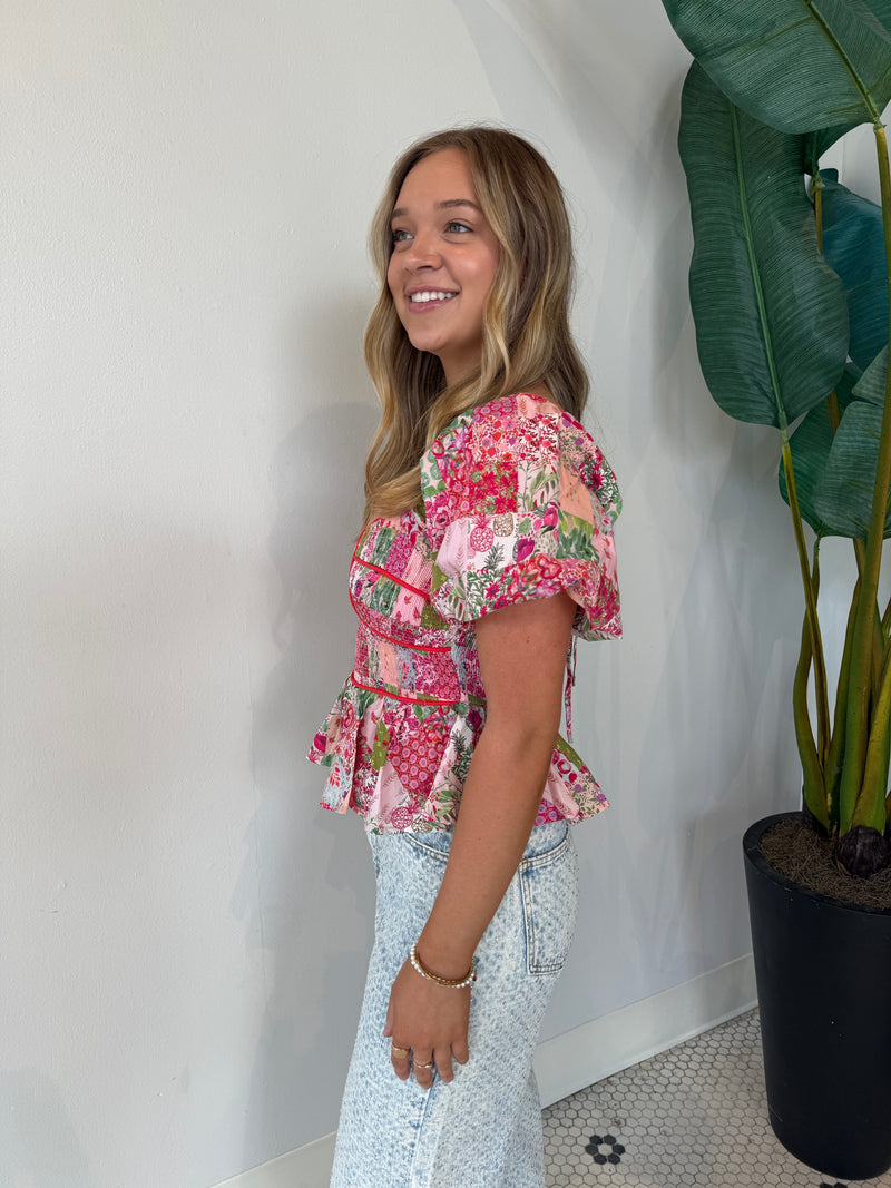 CONTRAT PIPING FLORAL BLOUSE PINK MULTI