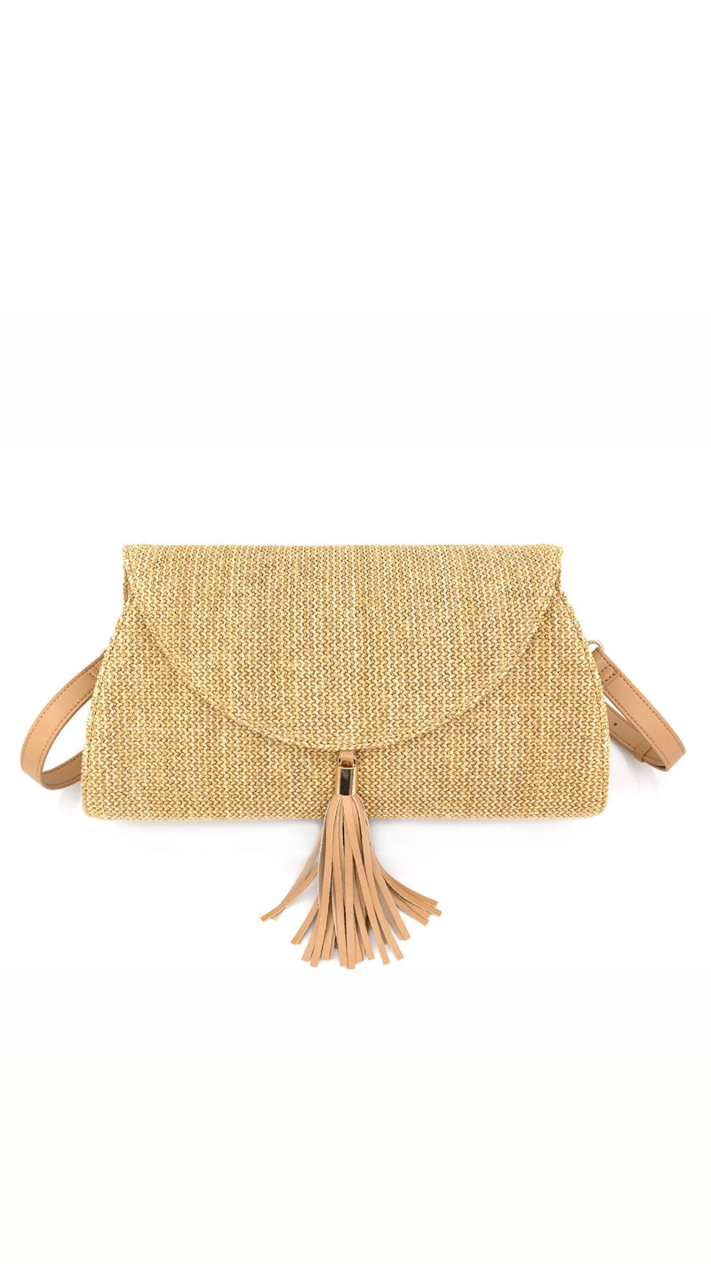 STRAW CLUTCH WITH TASSLE
