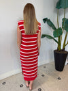 SHOULDER PAD SLEEVELESS STRIPED KNIT DRESS RED/WHITE