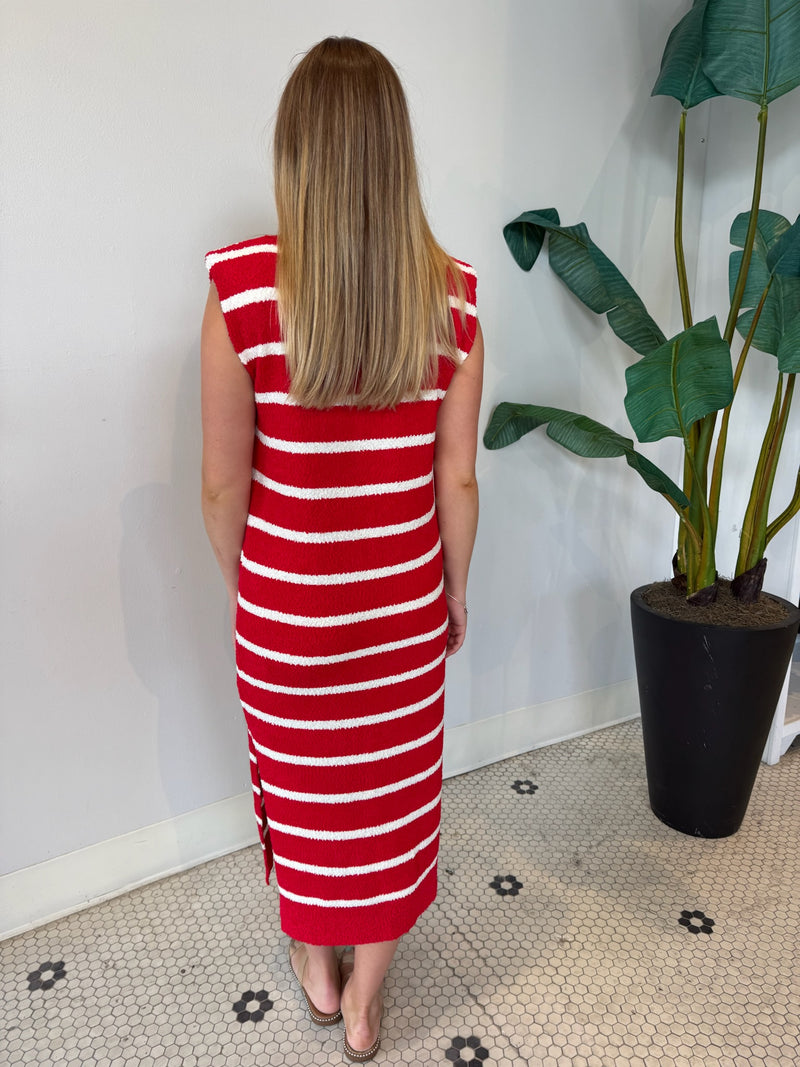 SHOULDER PAD SLEEVELESS STRIPED KNIT DRESS RED/WHITE