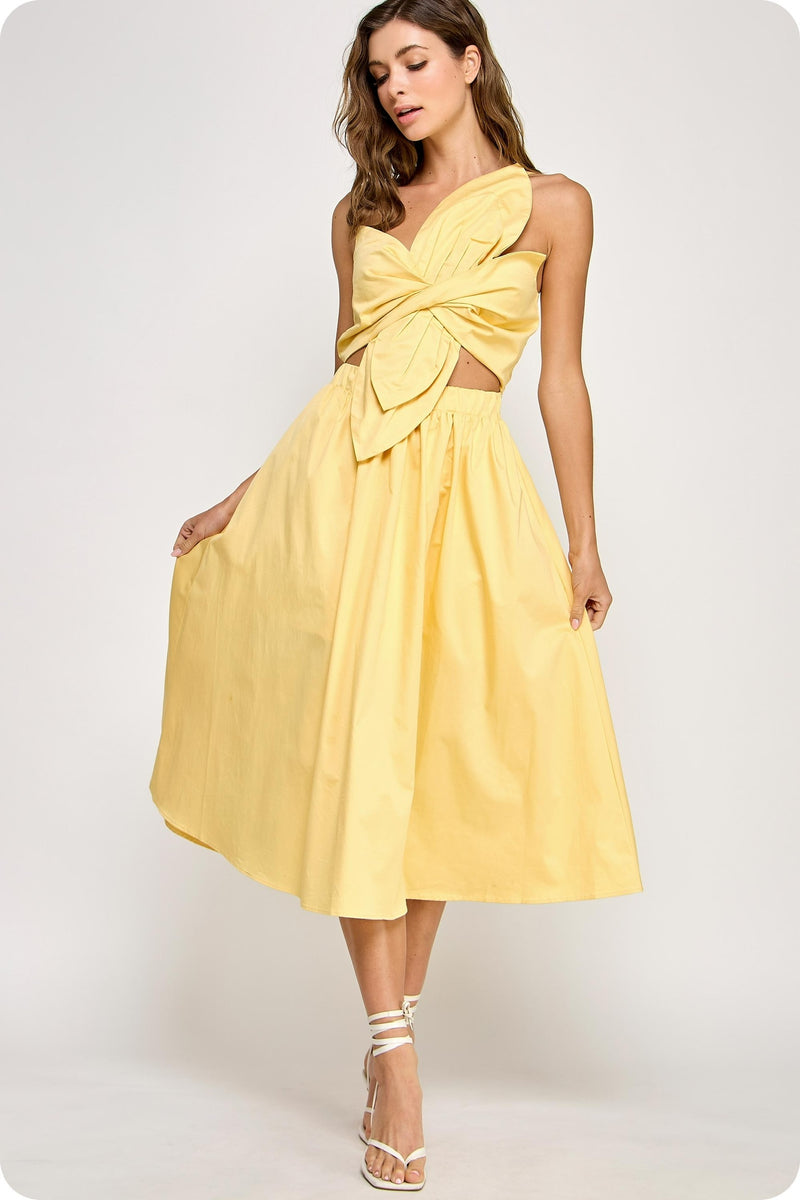 KNOTTED FLOWER BOW MIDI DRESS BUTTER YELLOW