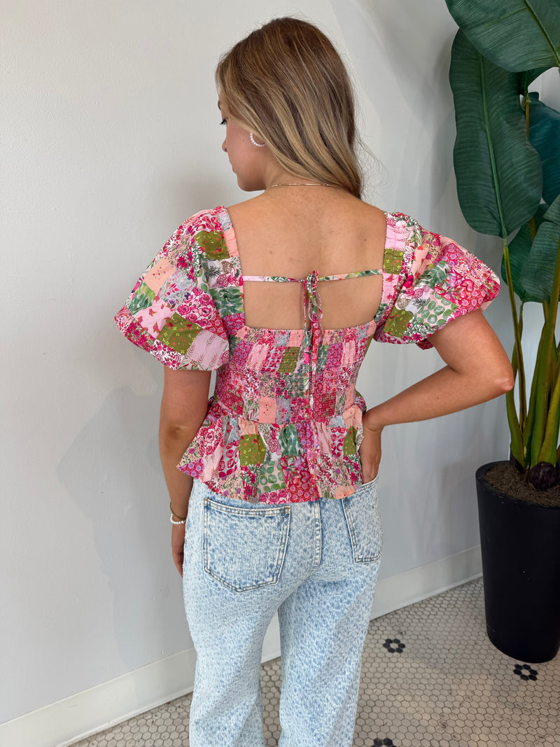 CONTRAT PIPING FLORAL BLOUSE PINK MULTI