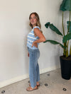 SHOULDER PAD TEXTURED STRIPED KNIT TOP CHAMBERY/WHITE