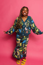 DARK TEAL SCATTERED BUTTRFLY, DRAGONFLY & FROG DRESS