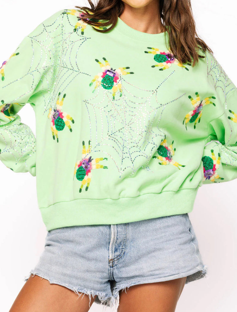 NEON GREEN FUZZY SPIDER & WEB SWEATSHIRT