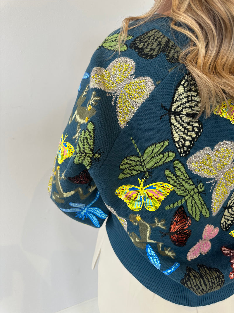 DARK TEAL SCATTERED BUTTERFLY CARDIGAN