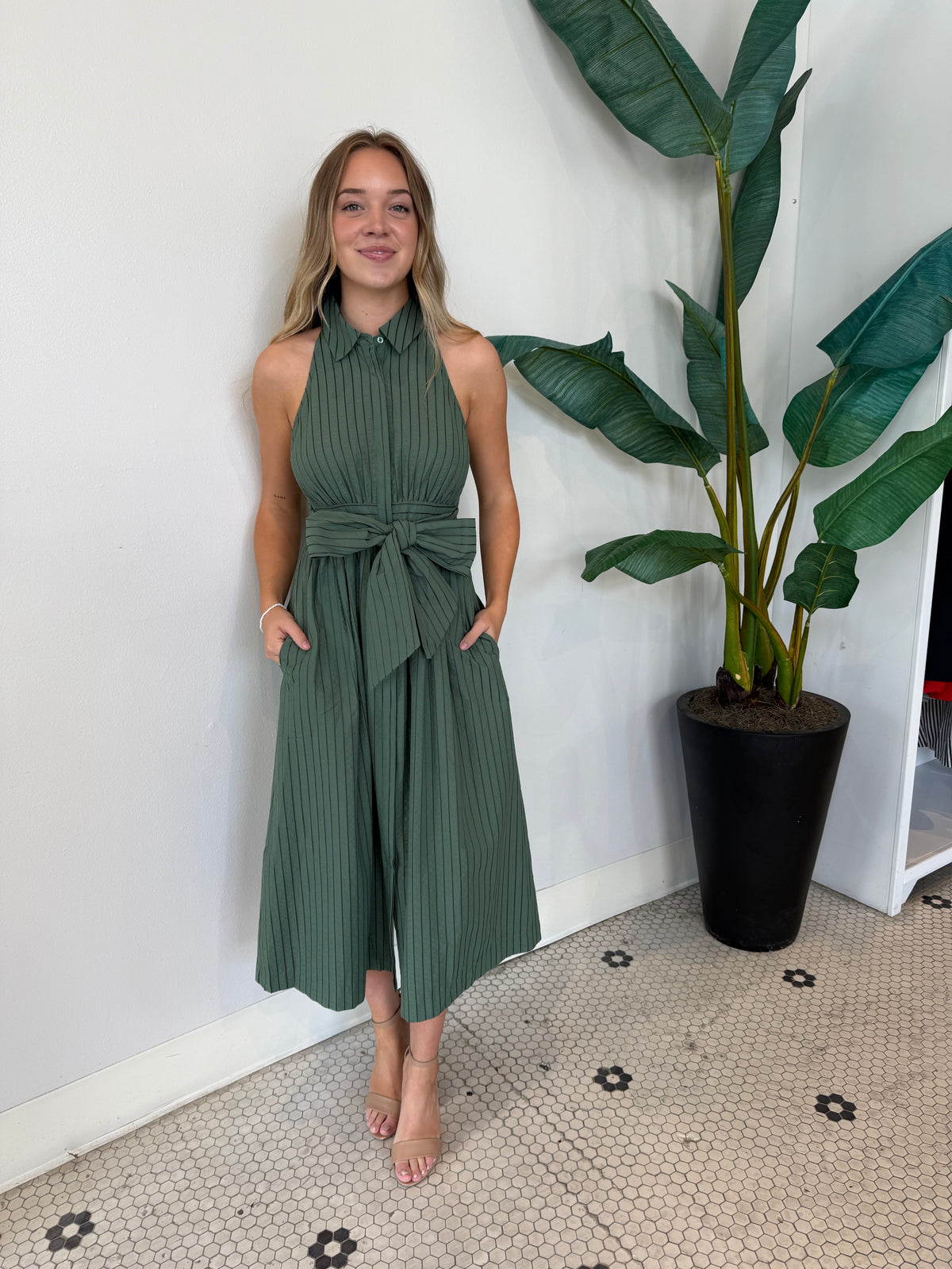ROSA FLUTTER HALTER COLLARED DRESS OLIVE  VC Boutique