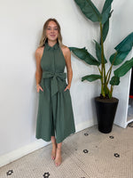 ROSA FLUTTER HALTER COLLARED DRESS OLIVE