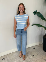 SHOULDER PAD TEXTURED STRIPED KNIT TOP CHAMBERY/WHITE