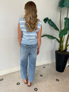 SHOULDER PAD TEXTURED STRIPED KNIT TOP CHAMBERY/WHITE