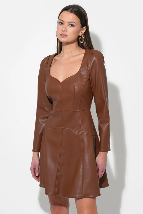 KALEEN FAUX LEATHER MINI DRESS BROWN