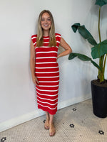 SHOULDER PAD SLEEVELESS STRIPED KNIT DRESS RED/WHITE