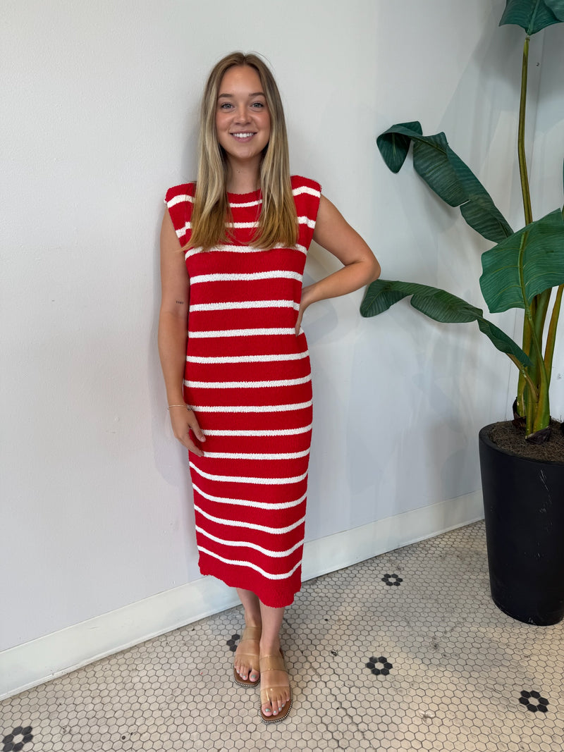 SHOULDER PAD SLEEVELESS STRIPED KNIT DRESS RED/WHITE
