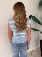 SHOULDER PAD TEXTURED STRIPED KNIT TOP CHAMBERY/WHITE