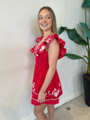 EMBROIDERY RUFFLE LINEN MINI DRESS CHERRY RED