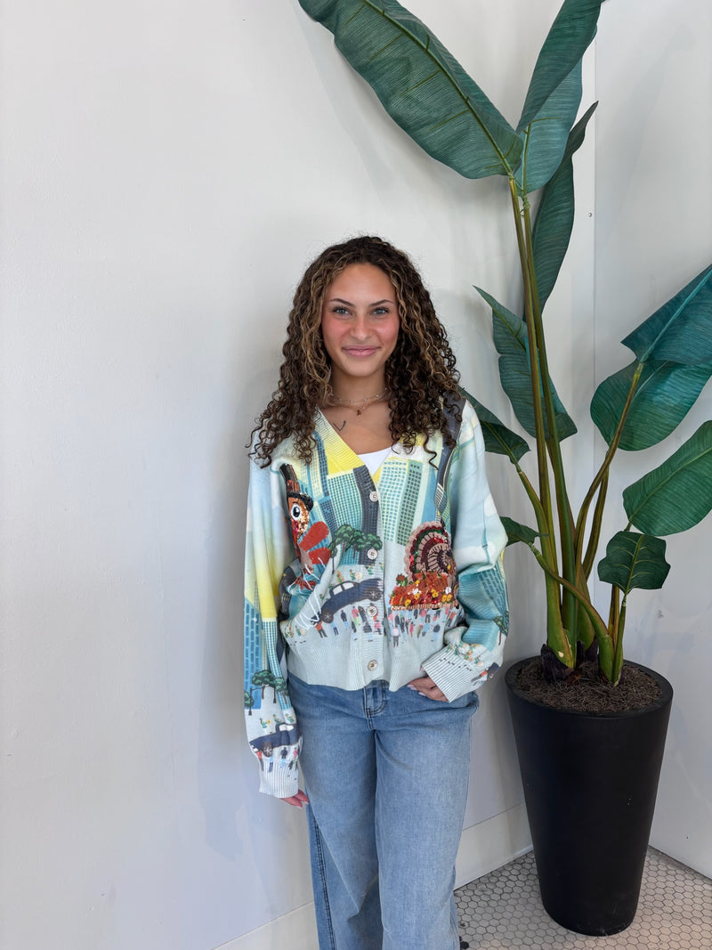 MULTI THANKSGIVING PARADE BUTTON-UP CARDIGAN
