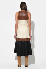 CASPIA VEGAN LEATHER COLORBLOCK MIDI DRESS BROWN