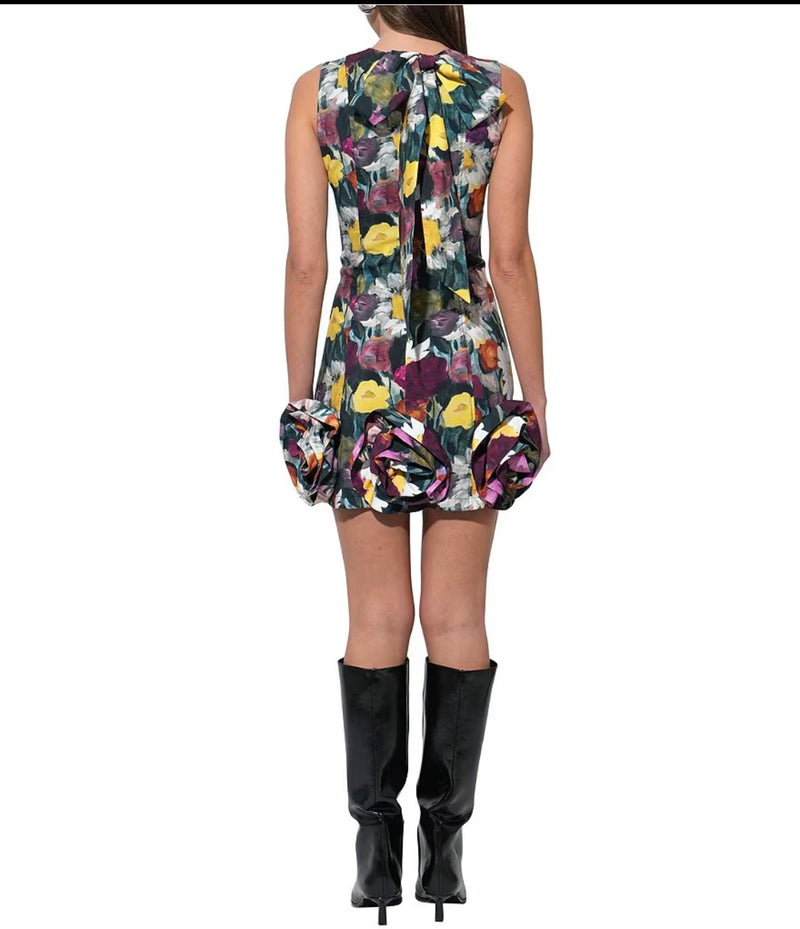 PETAL SLEEVELESS MINI DRESS W/ ROSE APPLIQUE MULTI
