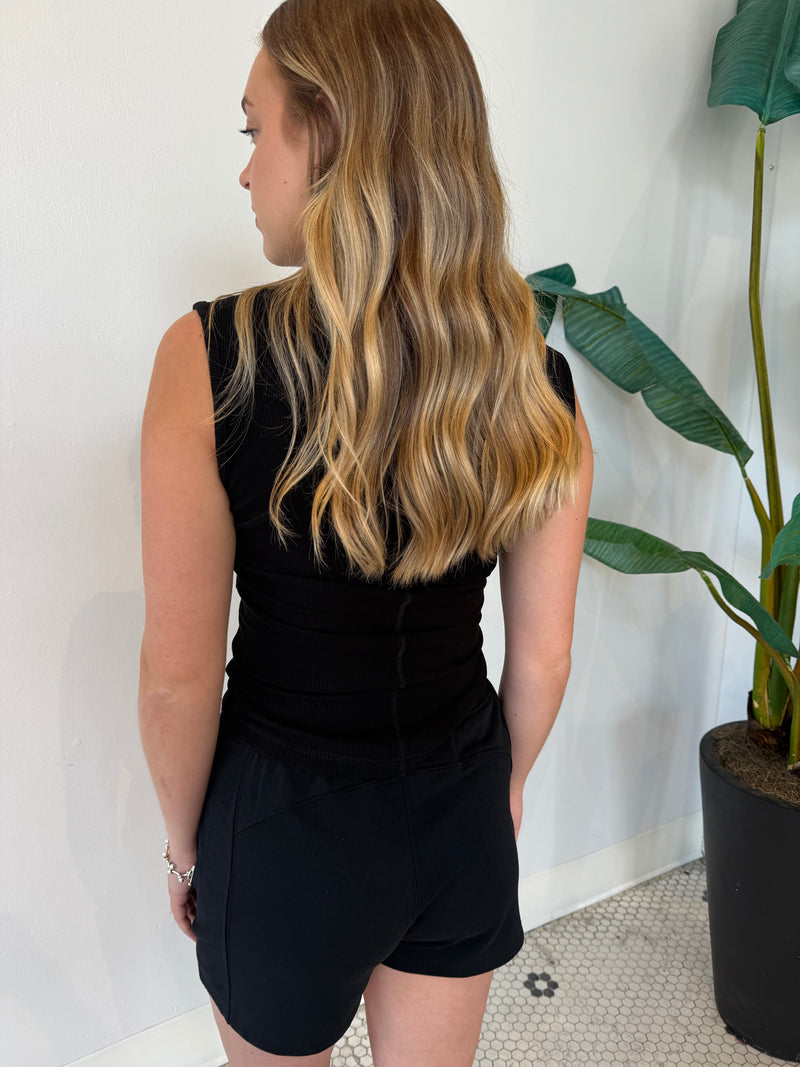 ESSENTIAL MICRO-RIBBED HENLEY TANK TOP BLACK