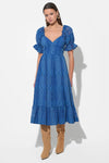BETSEY PUFF SLEEVE JAQUARD STRIPED MAXI DRESS DENIM BLUE
