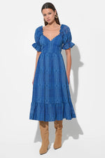 BETSEY PUFF SLEEVE JAQUARD STRIPED MAXI DRESS DENIM BLUE