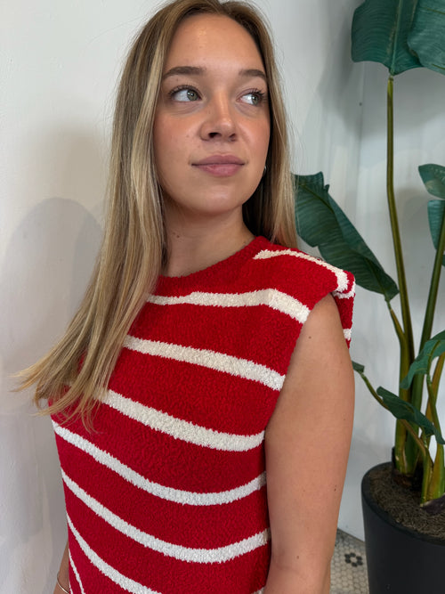 SHOULDER PAD SLEEVELESS STRIPED KNIT DRESS RED/WHITE