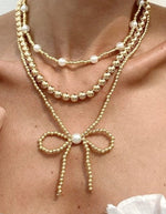 MULTILAYER BALL CHAIN BEAD PEARL BOW NECKLACE GOLD