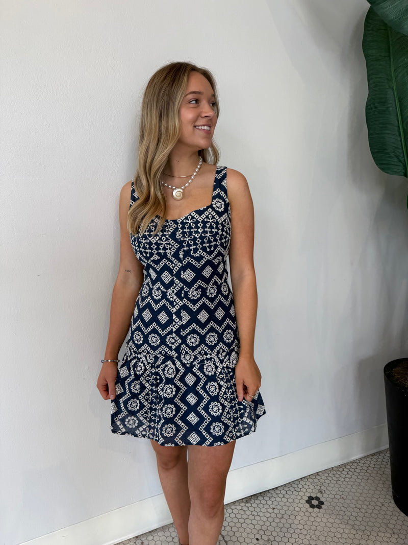 VANNI COTTON EYELET DROP WAIST MINI DRESS NAVY