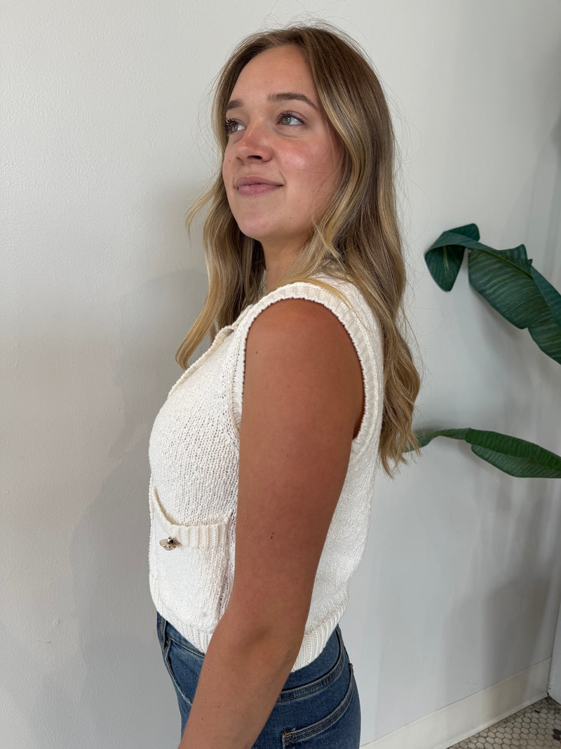 KNITTED PEARL JEWELED BUTTON VEST TOP WHITE