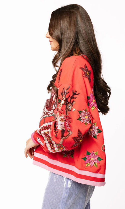 RED & PINK VINTAGE POINSETTIA SANTA SWEATSHIRT