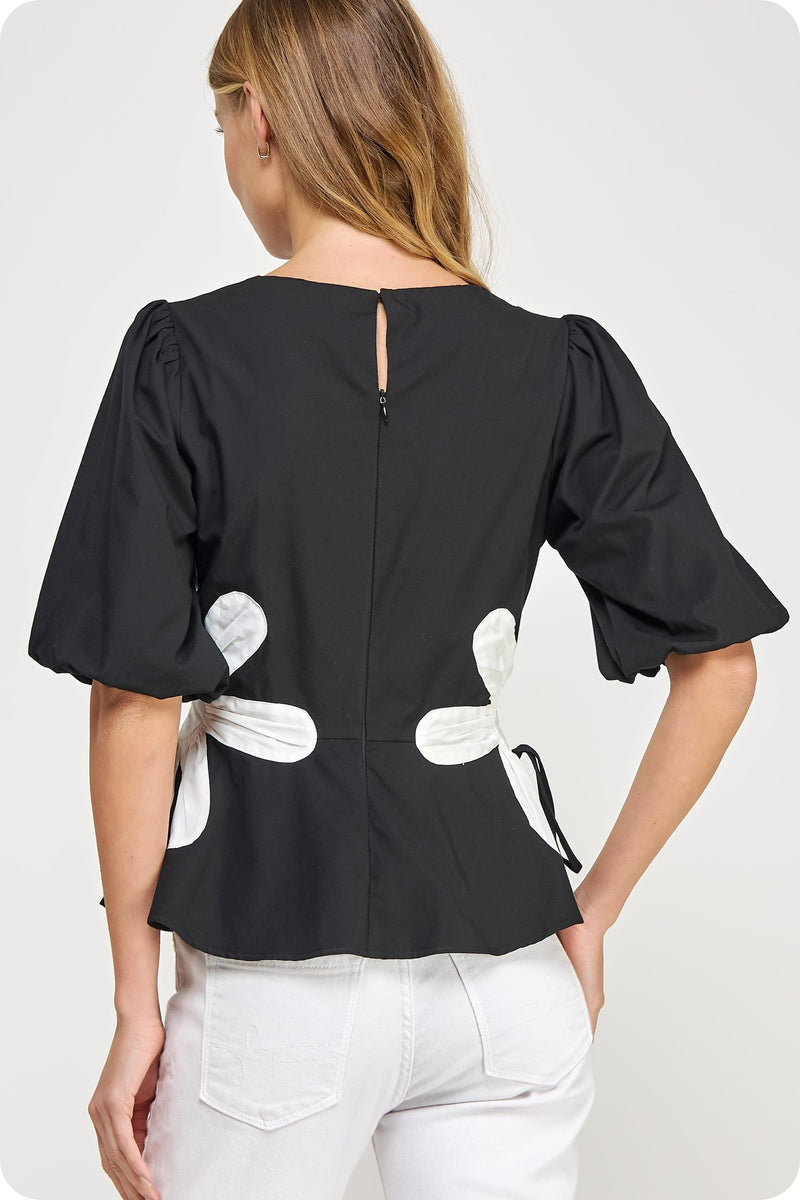FLOWER COLOR BLOCK POPLIN TOP BLK/W