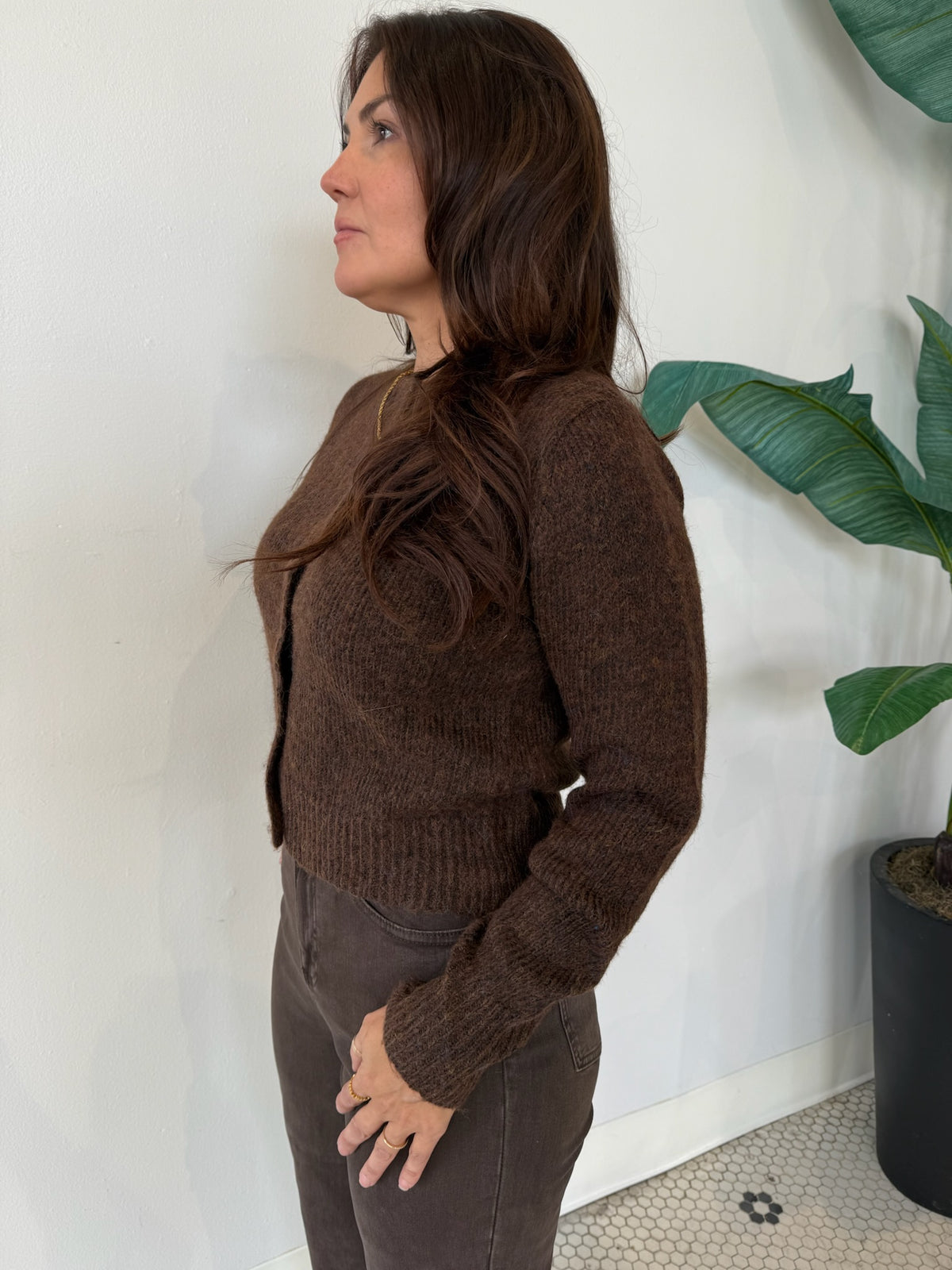 BERGOS CREW NECK CARDIGAN BROWN MEL