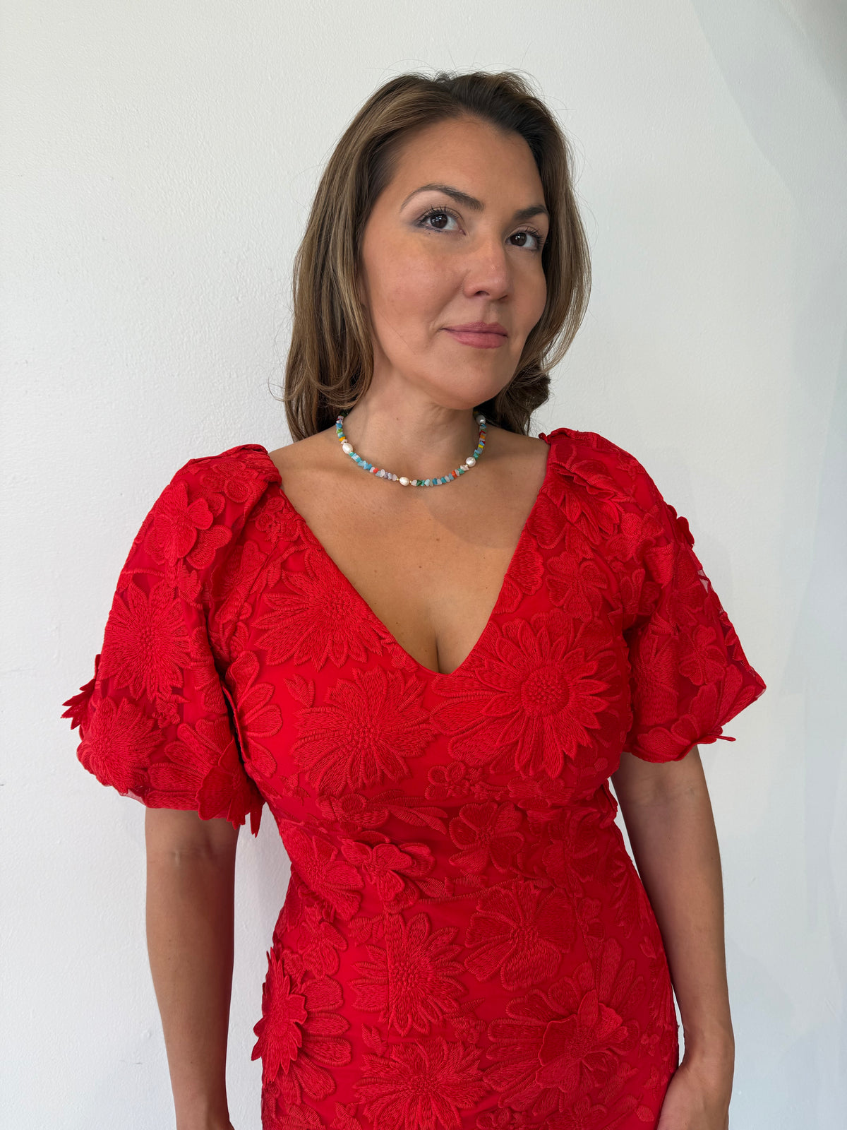 HUSTINA PUFF 3D LACE MINI DRESS RED