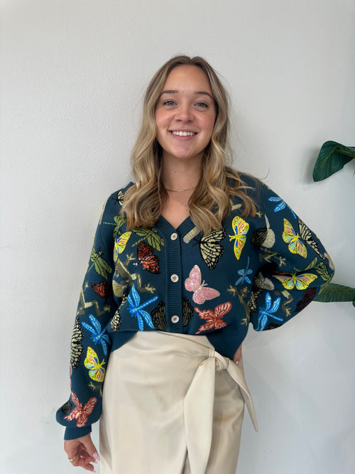DARK TEAL SCATTERED BUTTERFLY CARDIGAN