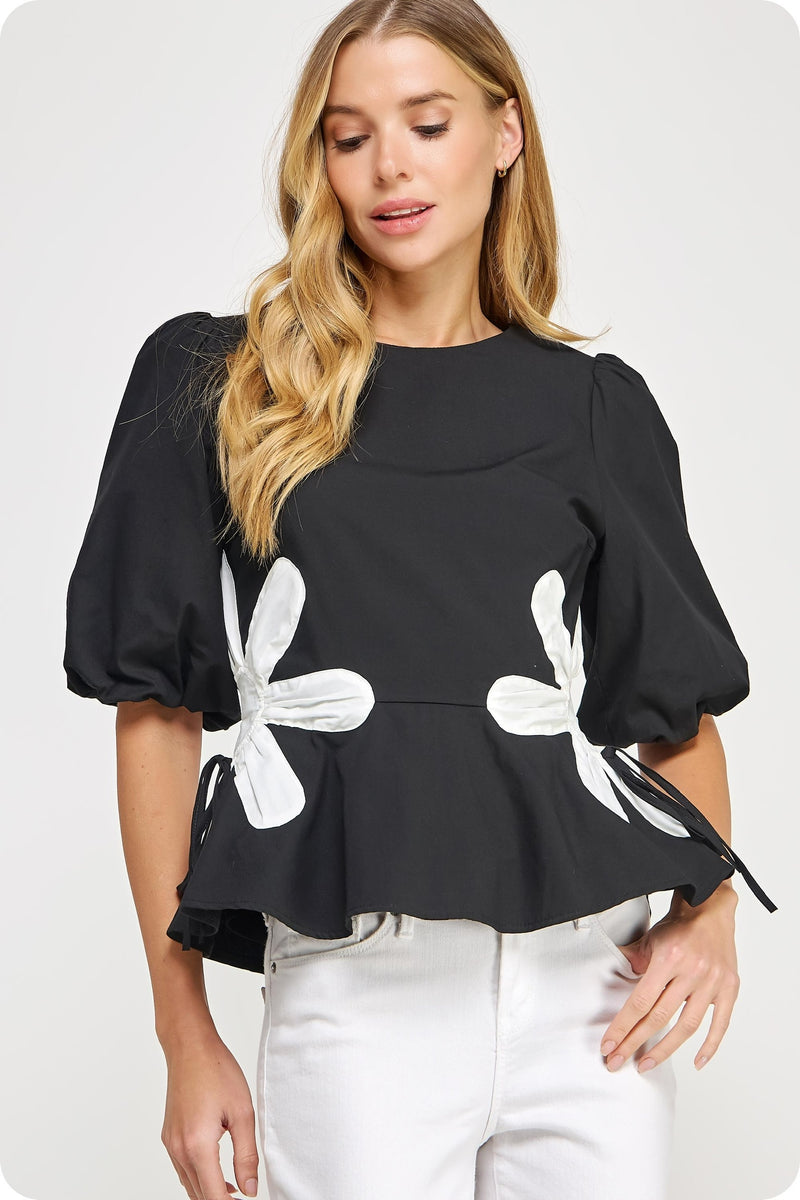 FLOWER COLOR BLOCK POPLIN TOP BLK/W