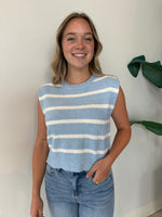 SHOULDER PAD TEXTURED STRIPED KNIT TOP CHAMBERY/WHITE