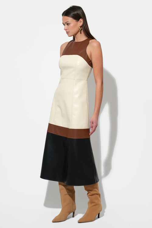CASPIA VEGAN LEATHER COLORBLOCK MIDI DRESS BROWN