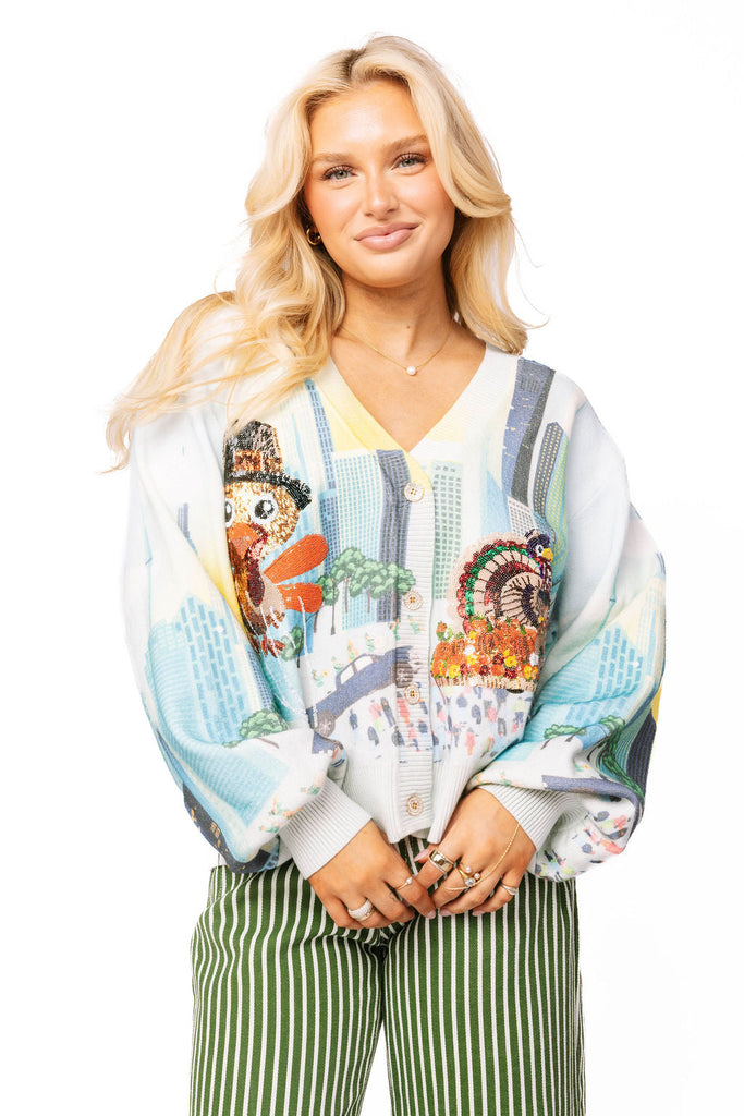 MULTI THANKSGIVING PARADE BUTTON-UP CARDIGAN