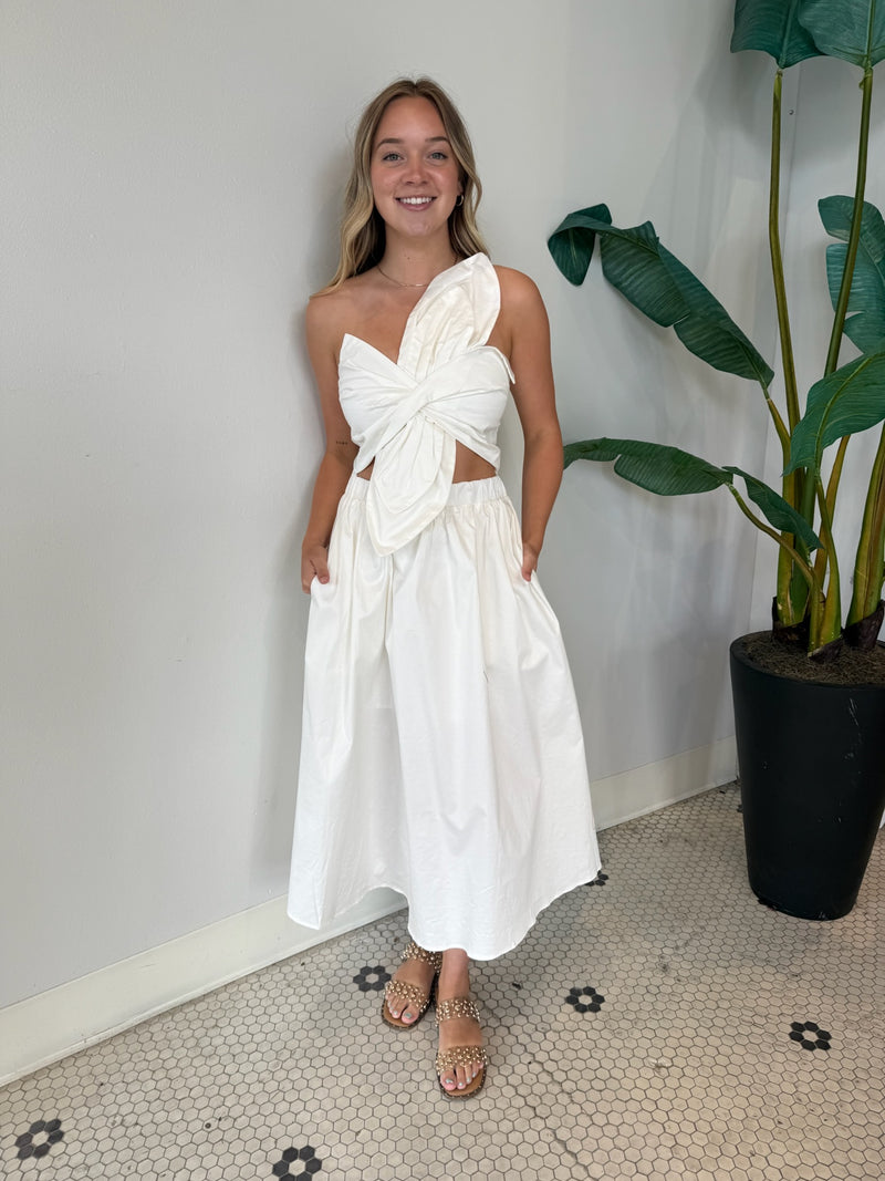 KNOTTED FLOWER BOW MIDI DRESS IVORY