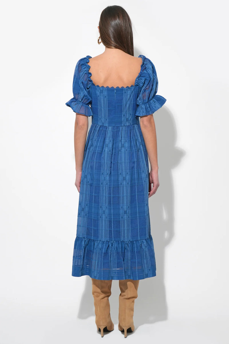 BETSEY PUFF SLEEVE JAQUARD STRIPED MAXI DRESS DENIM BLUE