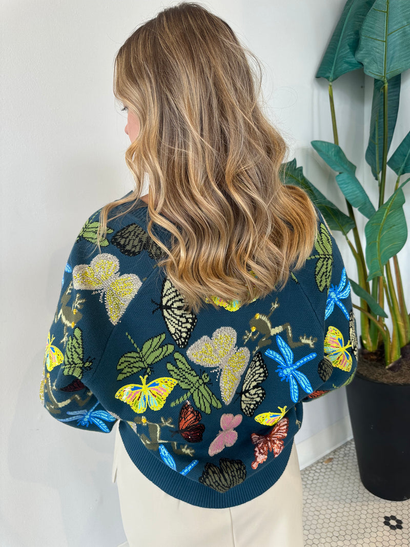 DARK TEAL SCATTERED BUTTERFLY CARDIGAN