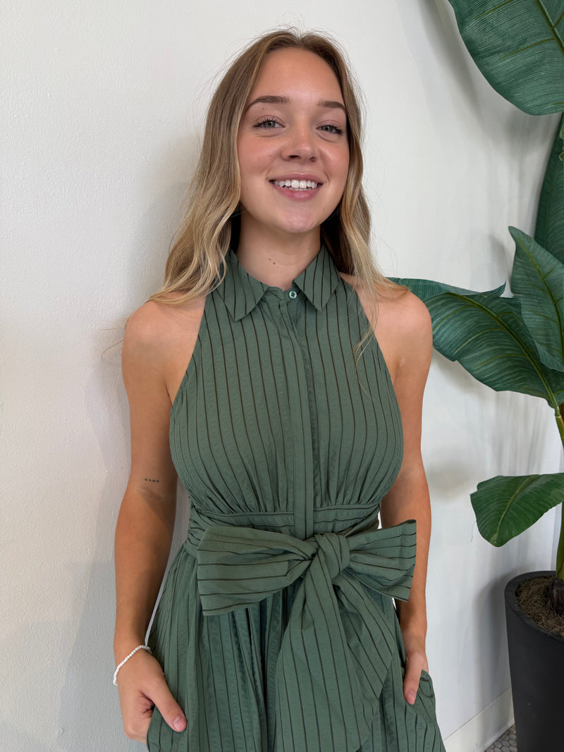 ROSA FLUTTER HALTER COLLARED DRESS OLIVE