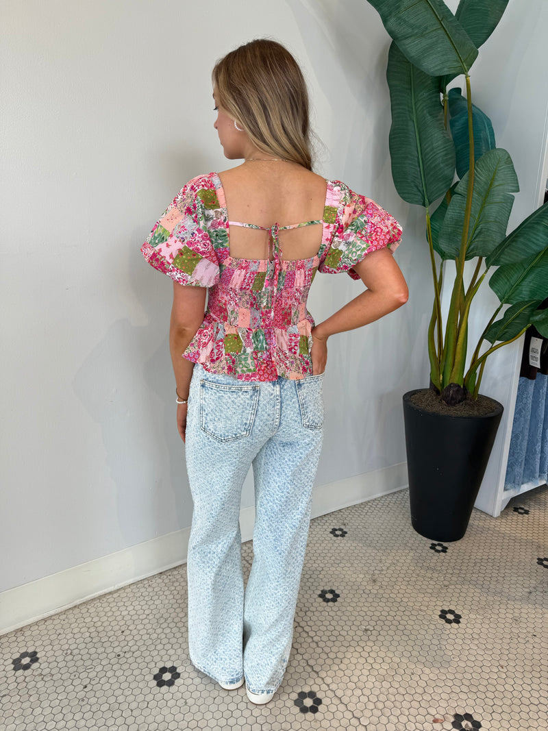 CONTRAT PIPING FLORAL BLOUSE PINK MULTI