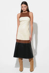 CASPIA VEGAN LEATHER COLORBLOCK MIDI DRESS BROWN
