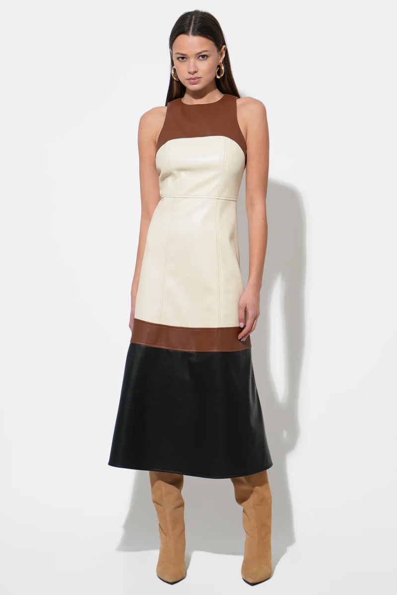 CASPIA VEGAN LEATHER COLORBLOCK MIDI DRESS BROWN